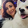 Kyra participe au concours pour gagner de l'argent avec cette photo : woman, dog, white_dog, smiling, happy, indoor, selfie, portrait, fluffy, pet, face, hair, window, radiator, christmas_tree, decoration, holiday_lights, tongue_out, closeup, cute