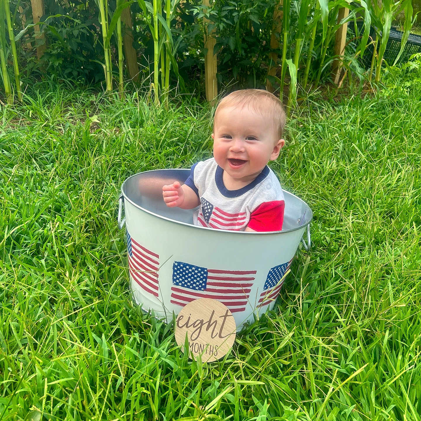 Ian is registered to the contest to win money with this photo: baby, bucket, grass, outdoor, greenery, corn_stalks, smiling, child, happy, american_flag, sign, months, nature, summer, portrait, infant, clothing, metal_bucket, sunlight, playful