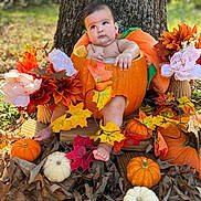 Belian joined the competition — help win amazing prizes! baby, child, pumpkin, pumpkin_costume, autumn, fall, leaves, flowers, outdoor, tree, forest, portrait, seasonal, harvest, gourds, orange, nature, sitting, barefoot, photography