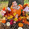 baby, child, pumpkin, pumpkin_costume, autumn, fall, leaves, flowers, outdoor, tree, forest, portrait, seasonal, harvest, gourds, orange, nature, sitting, barefoot, photography