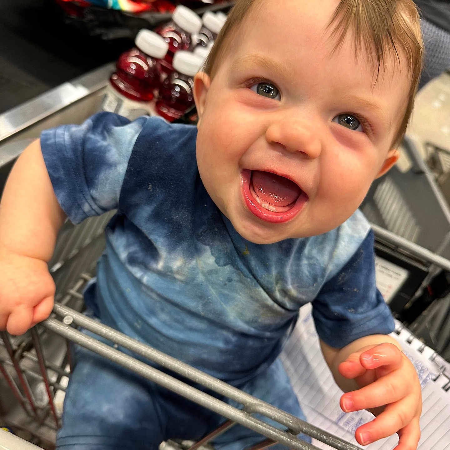 Grayson joined the competition — help win amazing prizes! baby, babylaughing, bodypart, boy, child, clothing, face, finger, hand, happy, head, laughing, male, pants, person, photography, portrait, shopping, shoppingcart, smile