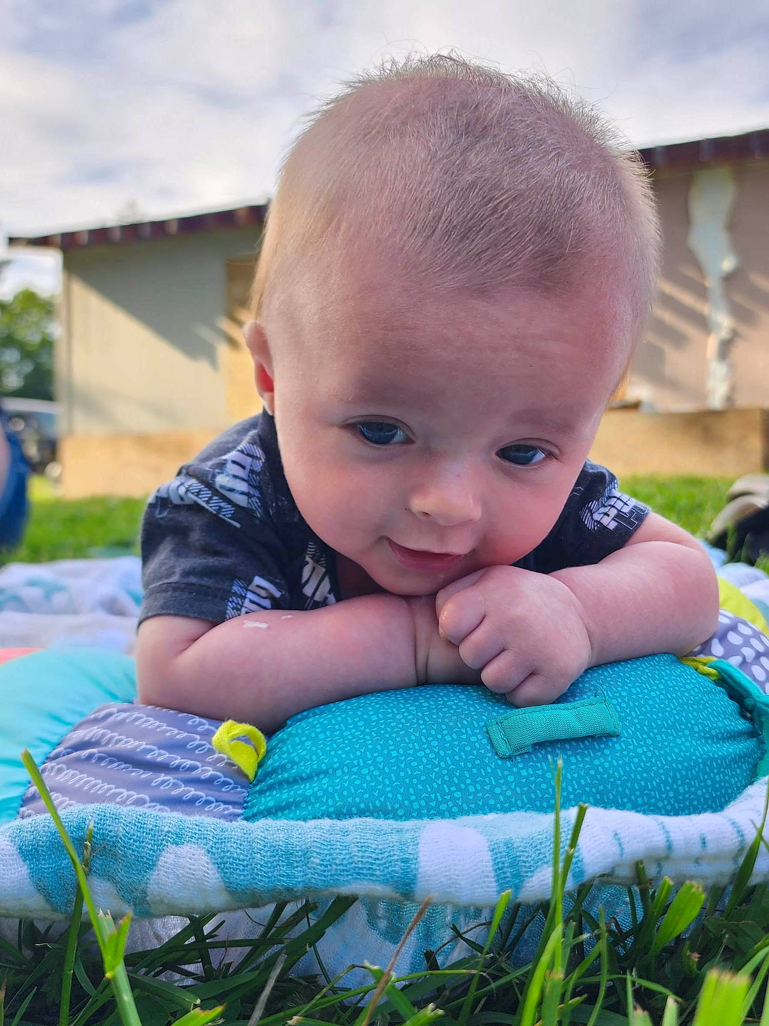Kyler is registered to the contest to win money with this photo: baby, baby_toddler_clothing, child, fun, grass, grass_family, happy, lawn, leaf, leisure, people_in_nature, person, plant, recreation, sitting, skin, sky, smile, toddler, tree