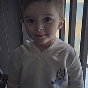 Kyler is registered to the contest to win money with this photo: child, boy, hoodie, cartoon_character, indoor, window, door, clothing, young_child, portrait, casual, standing, smiling, face, hair, hands, light, shadow, expression, background