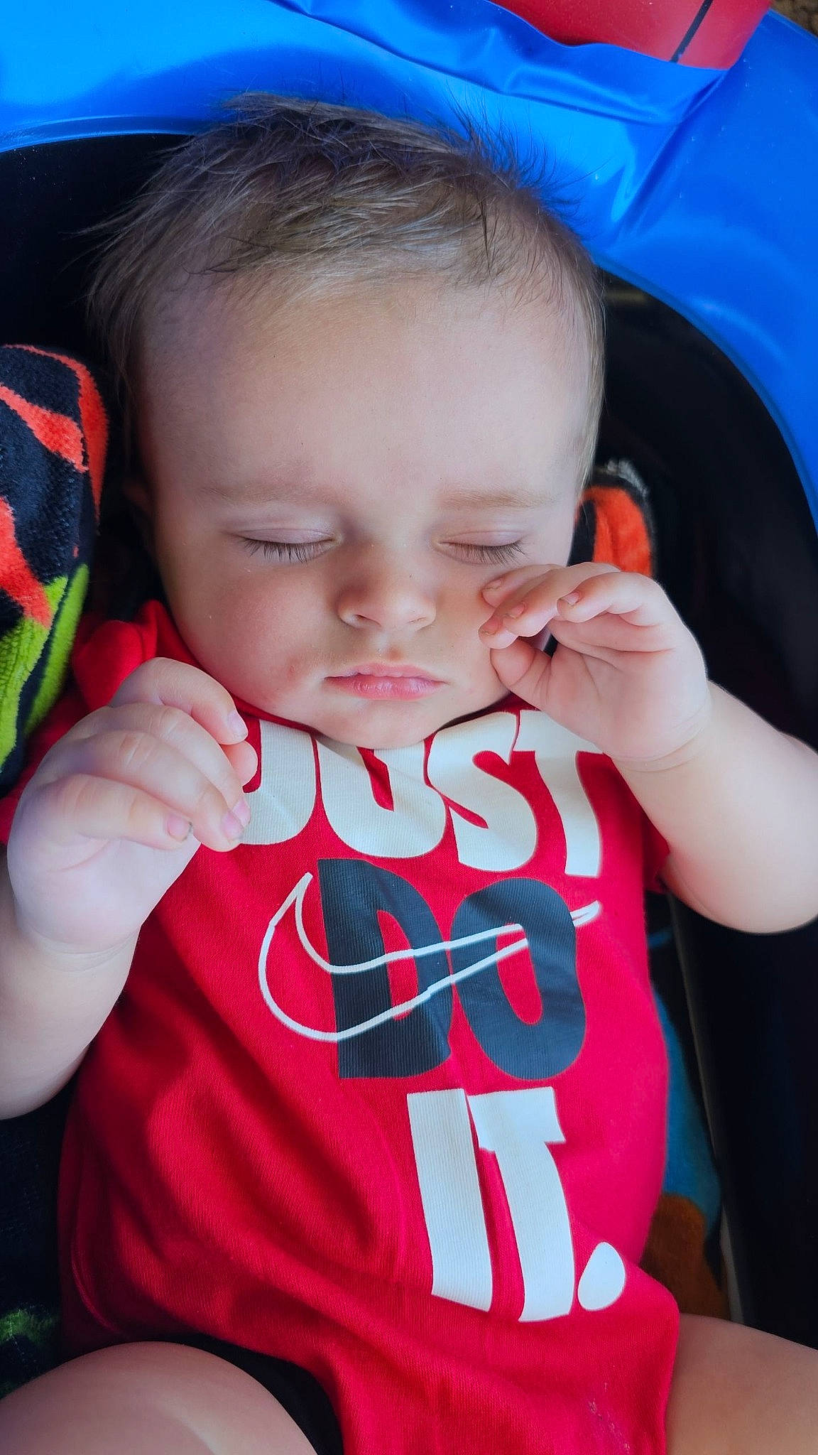 Kyler is registered to the contest to win money with this photo: baby_toddler_clothing, blue, cheek, ear, eyebrow, eyelash, facial_expression, finger, forehead, gesture, hand, happy, human, lip, mouth, neck, nose, person, product, skin