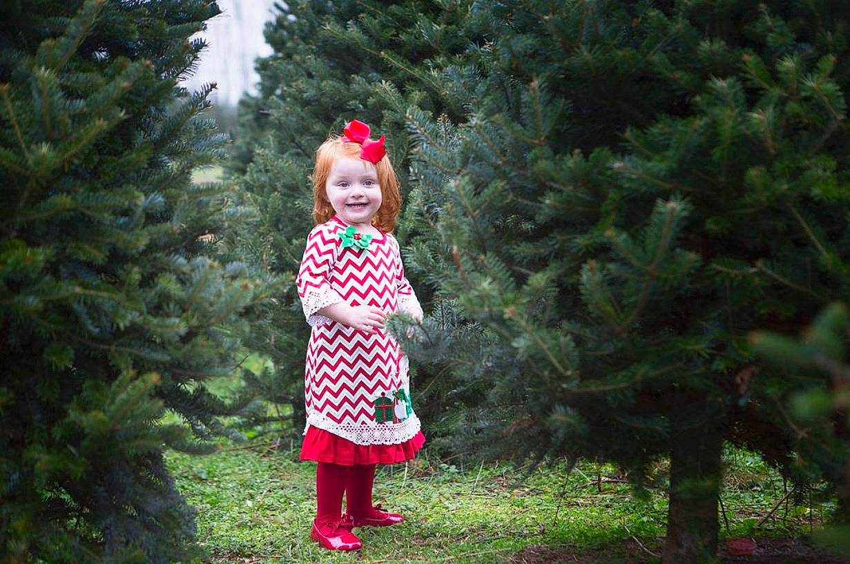 Lakelyn joined the competition — help win amazing prizes! child, christmas, christmas_decoration, christmas_tree, fir, fun, garden, girl, grass, holiday, joy, pattern, person, plant, red, toddler, tree, woody_plant