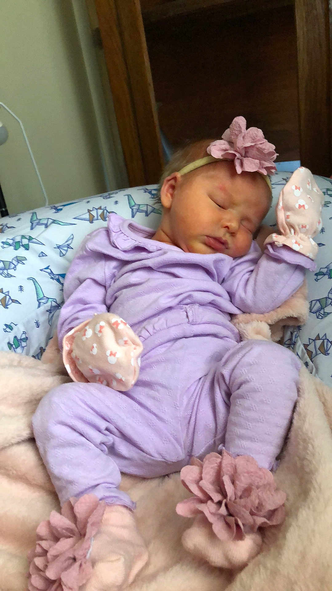 Araya Hope is registered to the contest to win money with this photo: baby, sleeping, infant, lavender_outfit, mittens, booties, flower_headband, blanket, pillow, dinosaur_pattern, soft_texture, indoors, peaceful, cute, child, newborn, resting, cozy, pink, purple