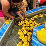 baby, adult, rubber_duck, water, toy, game, playful, child, person, hand, pool, floating, yellow, blue, indoor, casual_clothing, curious, fun, family, interaction