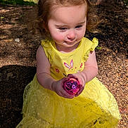 Elianna joined the competition — help win amazing prizes! child, curious, cute, earth, forest_background, hair_tied_up, happy, holding_object, nature, outdoor, person, playful, portrait, purple_object, rosy_cheeks, sitting, sunlight, toddler, yellow_dress, young