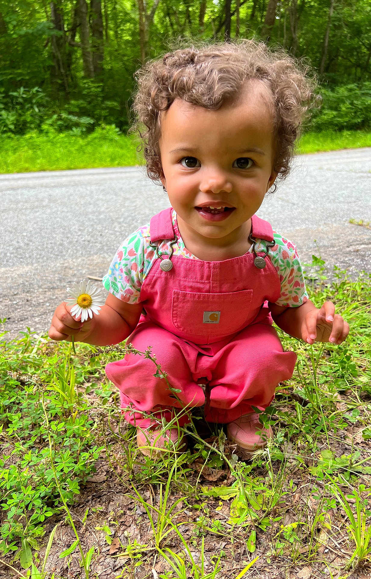 Deava joined the competition — help win amazing prizes! toddler, child, curly_hair, pink_overalls, flower, daisy, grass, outdoor, road, nature, greenery, smiling, happy, portrait, cute, eyes, face, clothing, person, daylight