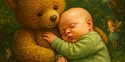 Leo is registered to the contest to win money with this photo: baby, teddy_bear, fairy, forest, sleeping, green_pajamas, magic, fantasy, whimsical, enchantment, child, nature, cute, soft_lighting, peaceful, fantasy_creatures, glow, flowers, grass, hug