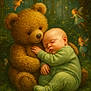 baby, teddy_bear, fairy, forest, sleeping, green_pajamas, magic, fantasy, whimsical, enchantment, child, nature, cute, soft_lighting, peaceful, fantasy_creatures, glow, flowers, grass, hug