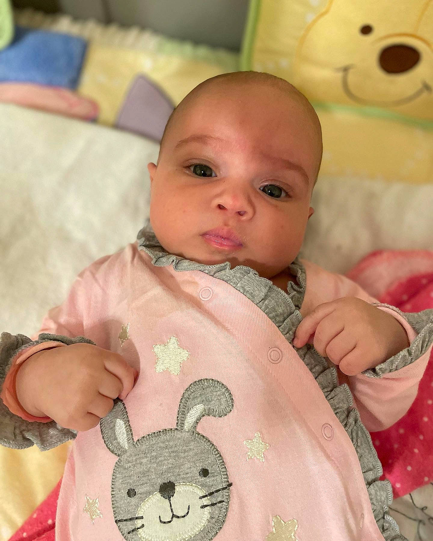 Nayeli is registered to the contest to win money with this photo: baby, baby_toddler_clothing, cheek, child, face, facial_expression, green, happy, head, mammal, nose, organ, person, pink, product, skin, sleeve, smile, textile, toddler