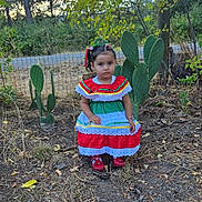 Arely is registered to the contest to win money with this photo: child, girl, toddler, portrait, outdoor, garden, cactus, prickly_pear, traditional_dress, colorful_clothing, red_dress, green_dress, hair_ribbons, shoes, standing, serious_expression, trees, plants, road, nature