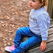 Léna participe au concours pour gagner de l'argent avec cette photo : casual_clothing, child, curly_hair, daylight, ground, jeans, leaves, nature, outdoor, pine_needles, pink_sneakers, playground, portrait, side_view, sitting, sweater, thoughtful, toddler, wooden_bench, young_child