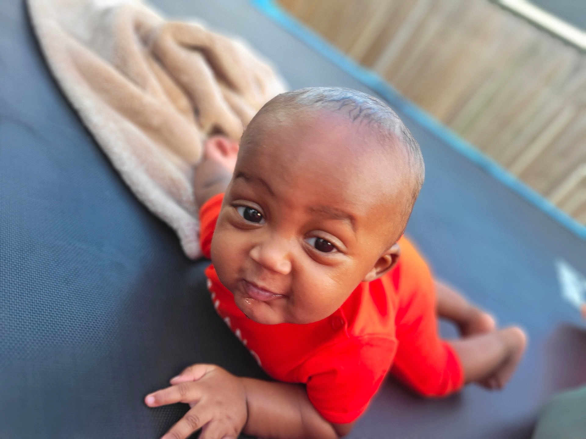 Kaizen is registered to the contest to win money with this photo: baby, infant, orange_clothing, trampoline, blanket, outdoor, fence, face, head, hand, skin, person, child, playful, expression, lying_down, closeup, daylight, smile, curious