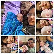 Melissa is registered to the contest to win money with this photo: adult, baby, blanket, casual, closeup, clothing, comfort, couch, face, glasses, holding, home, indoor, pacifier, person, portrait, resting, sleeping, tired
