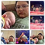 Melissa is registered to the contest to win money with this photo: adult, baby, blanket, car_seat, casual_clothing, child, closeup, couch, family, glasses, holding, indoor, man, pacifier, portrait, relaxing, sleeping, smiling, soft_lighting, woman