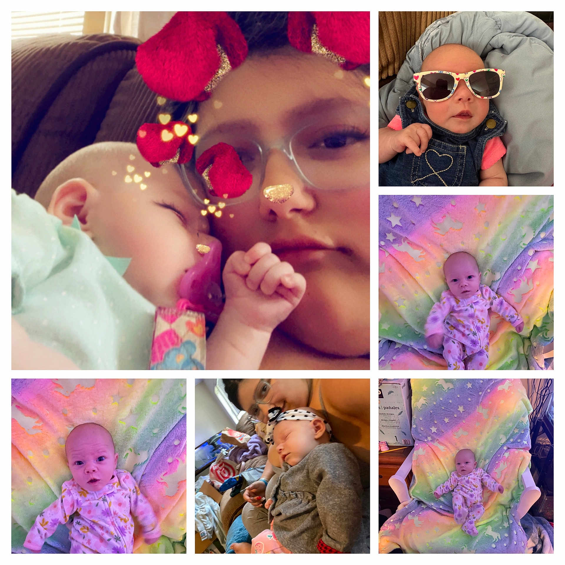 Melissa is registered to the contest to win money with this photo: adult, baby, blanket, closeup, clothing, colorful, couch, cozy, family, glasses, headband, indoors, infant, love, pacifier, portrait, sleeping, smiling, sunglasses, unicorn