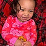 toddler, child, smiling, baby_bottle, pacifier, pink_clothing, plaid_blanket, indoors, happy, sitting, cute, rosy_cheeks, curly_hair, diaper, person, portrait, young_child, infant, cozy, casual