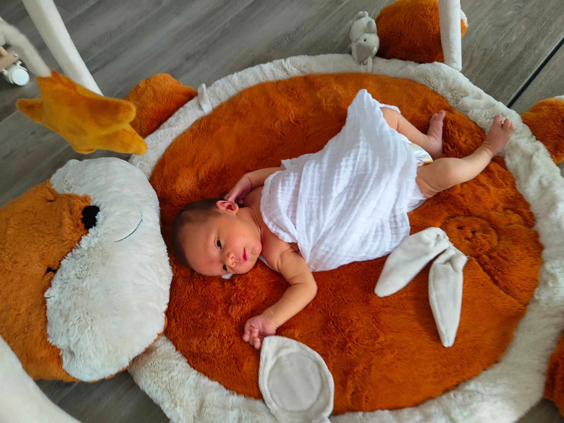 Lorenzo a rejoint le concours — aidez-le/la à gagner de superbes lots ! baby, infant, play_mat, plush_toy, orange, white, floor, wooden_floor, wrapped, lying_down, soft_toys, cute, child, newborn, indoors, carpet, face, skin, legs, arms