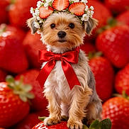 Choupette participe au concours pour gagner de l'argent avec cette photo : adorable, animal, background, closeup, colorful, cute, dog, flower_crown, fresh, fruit, nature, pet, portrait, red, red_bow, sitting, small_dog, strawberries, strawberry_crown, yorkshire_terrier