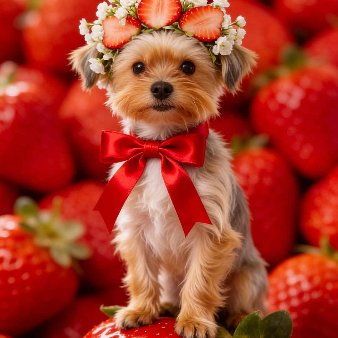 Choupette participe au concours pour gagner de l'argent avec cette photo : adorable, animal, background, closeup, colorful, cute, dog, flower_crown, fresh, fruit, nature, pet, portrait, red, red_bow, sitting, small_dog, strawberries, strawberry_crown, yorkshire_terrier