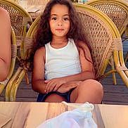 Ritej a rejoint le concours — aidez-le/la à gagner de superbes lots ! child, girl, long_hair, curly_hair, white_tank_top, blue_skirt, wicker_chair, outdoor_cafe, wooden_table, drawstring_bag, string_lights, evening, people_in_background, relaxed, summer, casual_clothing, seated, portrait, daylight, restaurant