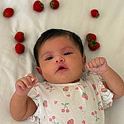 Layane participe au concours pour gagner de l'argent avec cette photo : baby, infant, strawberries, fruit, white_background, cute, patterned_clothing, child, lying_down, soft_texture, pink_hearts, cherry_pattern, fresh, healthy, small_hands, sleepy_eyes, casual, adorable, natural_light, portrait