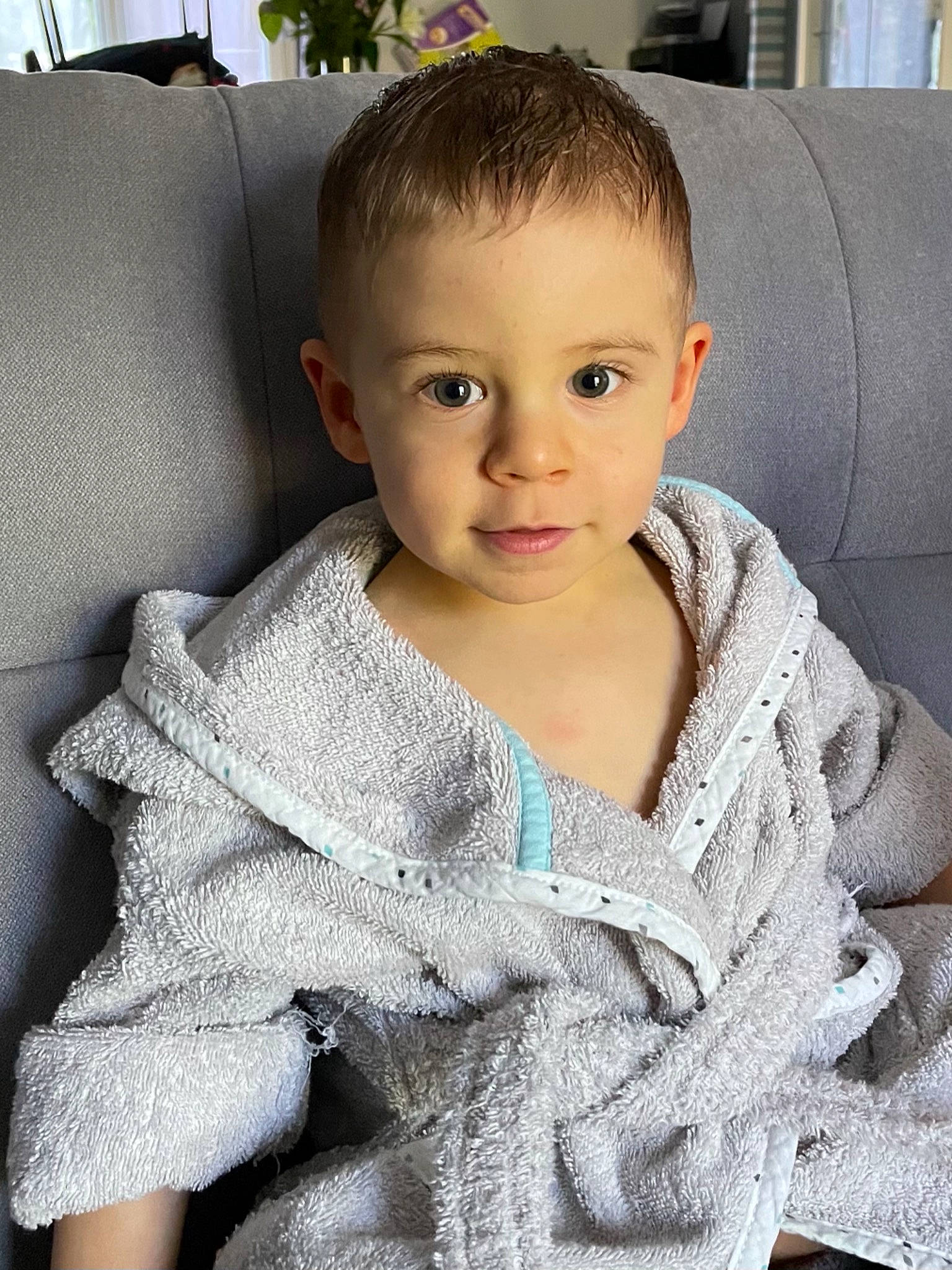 Sloan a rejoint le concours — aidez-le/la à gagner de superbes lots ! baby_toddler_clothing, chair, cheek, chin, comfort, couch, eye, eyelash, face, grey, hair, head, iris, lip, neck, outerwear, person, plant, skin, sleeve