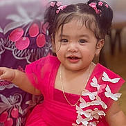 Kiki joined the competition — help win amazing prizes! toddler, girl, child, pink_dress, butterflies, pigtails, hair_bows, smiling, portrait, indoors, blurred_background, jewelry, necklace, happy, cute, fashion, dress, childhood, person, photography