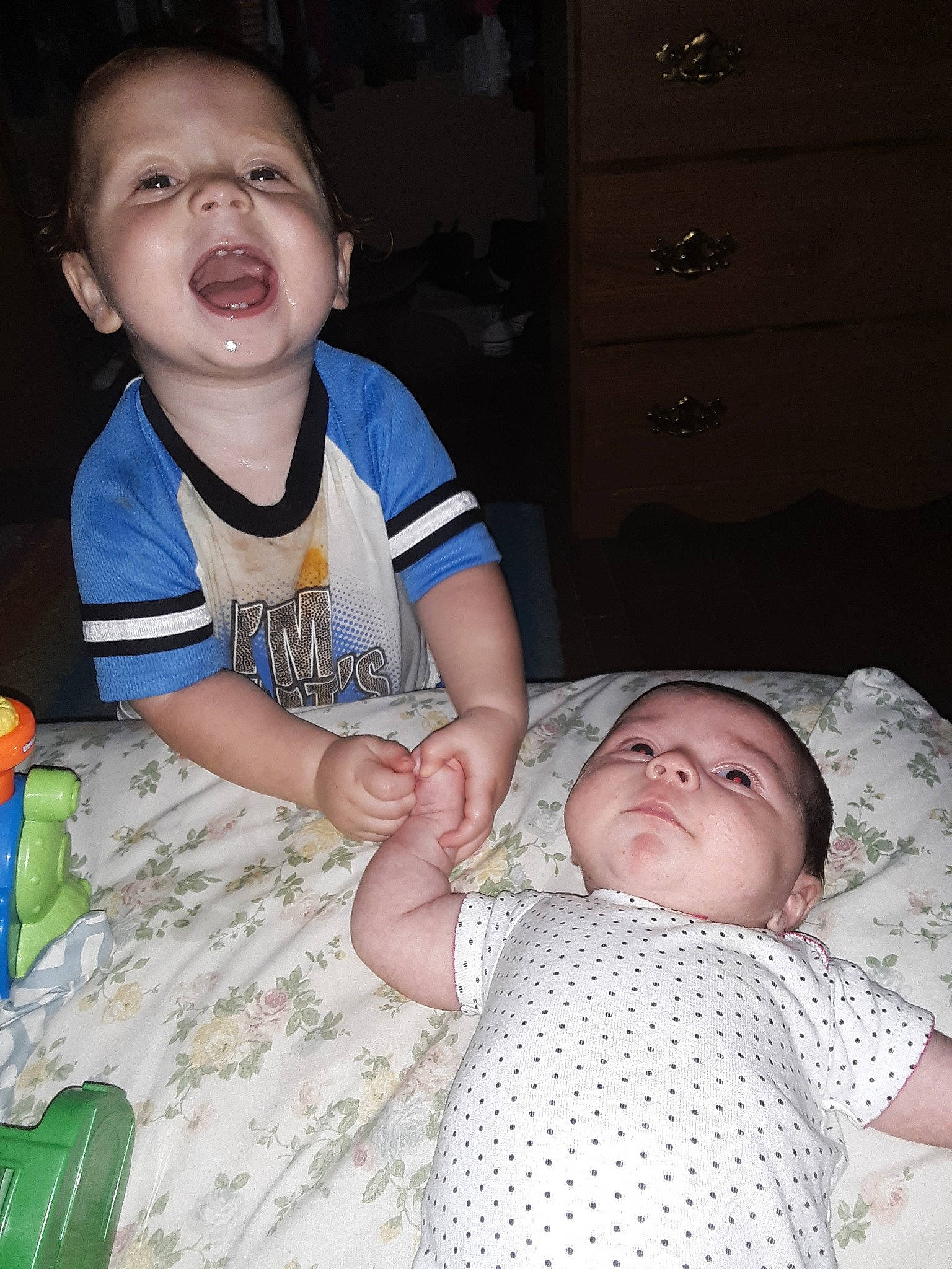 Maverick joined the competition — help win amazing prizes! baby, cheek, child, eye, facial_expression, family, finger, fun, gesture, iris, leg, people, person, play, sibling, sitting, skin, smile, toddler