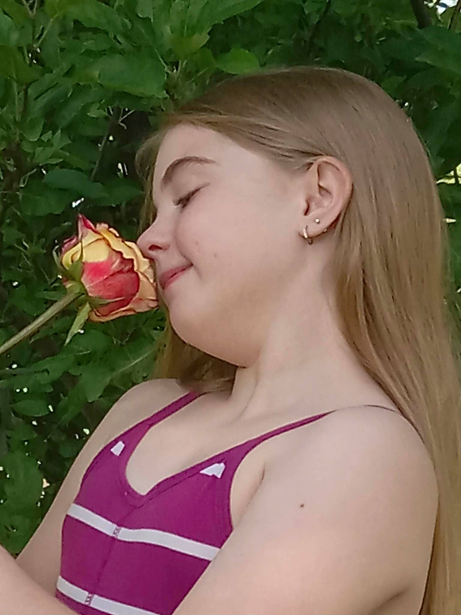 Alivia joined the competition — help win amazing prizes! active_tank, blond, brown_hair, chest, child, eyelash, fruit, grass, happy, joy, lip, long_hair, magenta, neck, people_in_nature, person, petal, pink, plant, skin