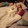 bed, blanket, cat, child, comfort, couch, cozy, cute, family, female, furniture, indoor, laying_down, people, pillow, relaxed, resting, sleepy, together, warm