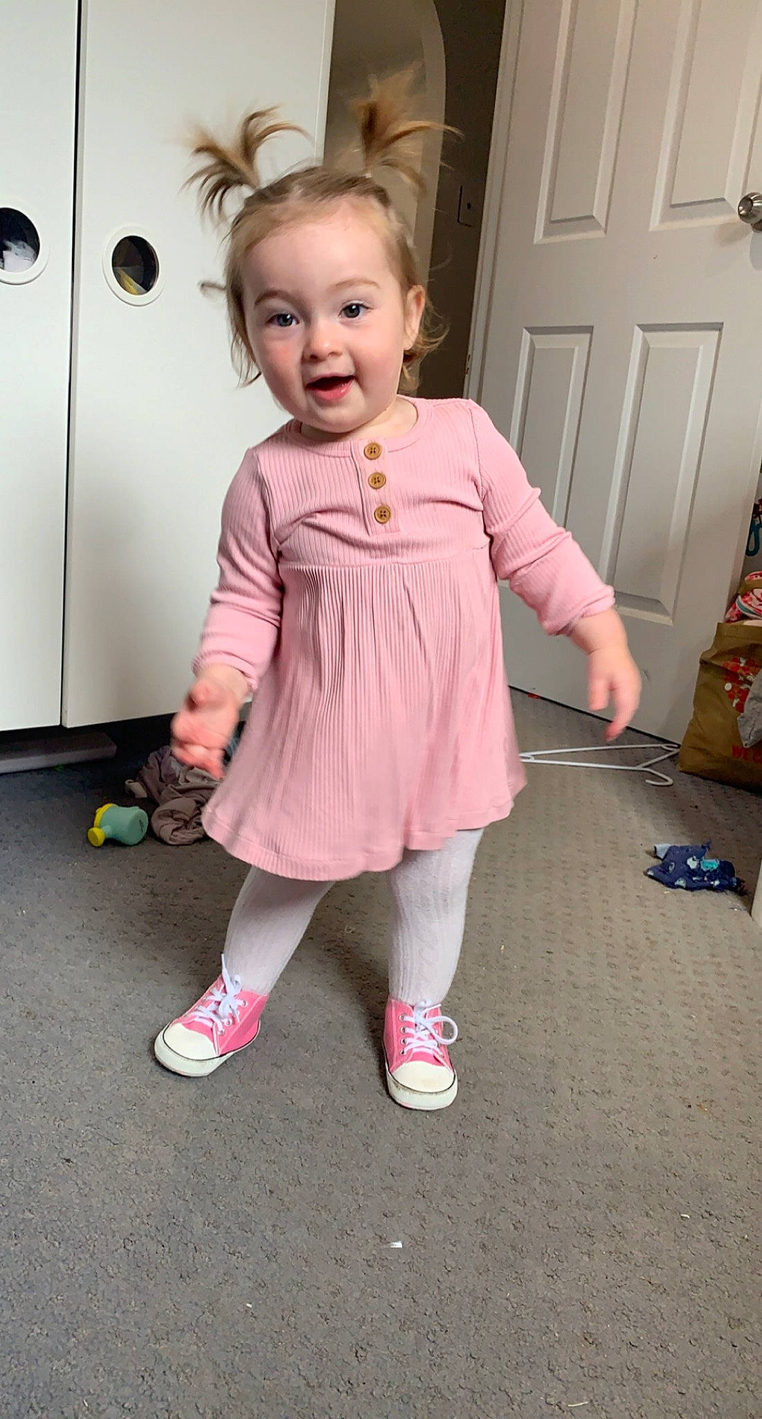 Ava Jane joined the competition — help win amazing prizes! baby_toddler_clothing, door, dress, face, floor, flooring, fun, hairstyle, happy, human_body, joint, knee, leg, person, pink, shoe, shoulder, skin, sleeve, toddler