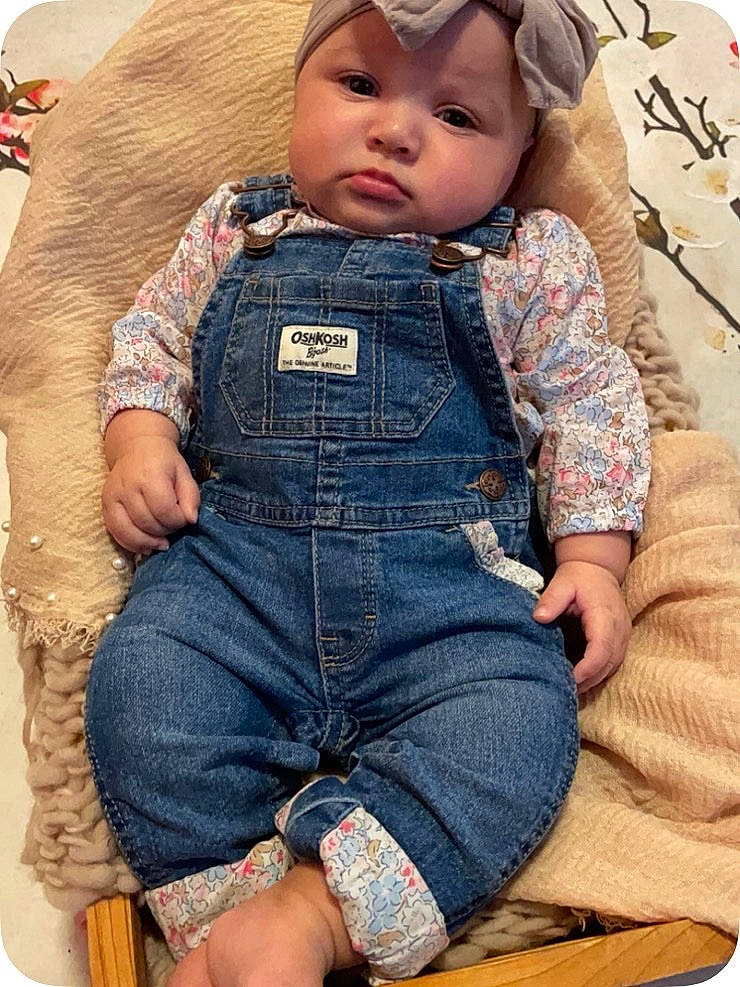 Jazlyn joined the competition — help win amazing prizes! baby, baby_toddler_clothing, beauty, blue, button, cap, cheek, denim, dress, face, headwear, jacket, pattern, person, photograph, sitting, skin, sleeve, textile, thigh