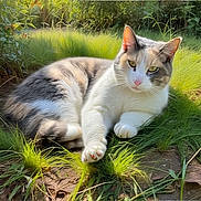 Miley is registered to the contest to win money with this photo: animal, calm, cat, closeup, daylight, feline, fur, garden, grass, greenery, laying_down, leaf, mammal, nature, outdoor, paw, pet, relaxed, sunlight, whiskers