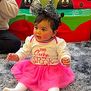 Anastasia is registered to the contest to win money with this photo: toddler, child, baby, pink_tutu, white_tights, headband, spiderweb_bow, indoor, play_area, ladybug, colorful, rug, floor, cute, smiling, sitting, portrait, young_child, festive, fun