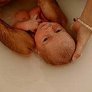 Leão participe au concours pour gagner de l'argent avec cette photo : adult_hands, baby, bath, closeup, face, gentle, hands, head, human, infant, intimacy, milky_water, new_life, newborn, parental_care, protection, skin, support, tenderness, water