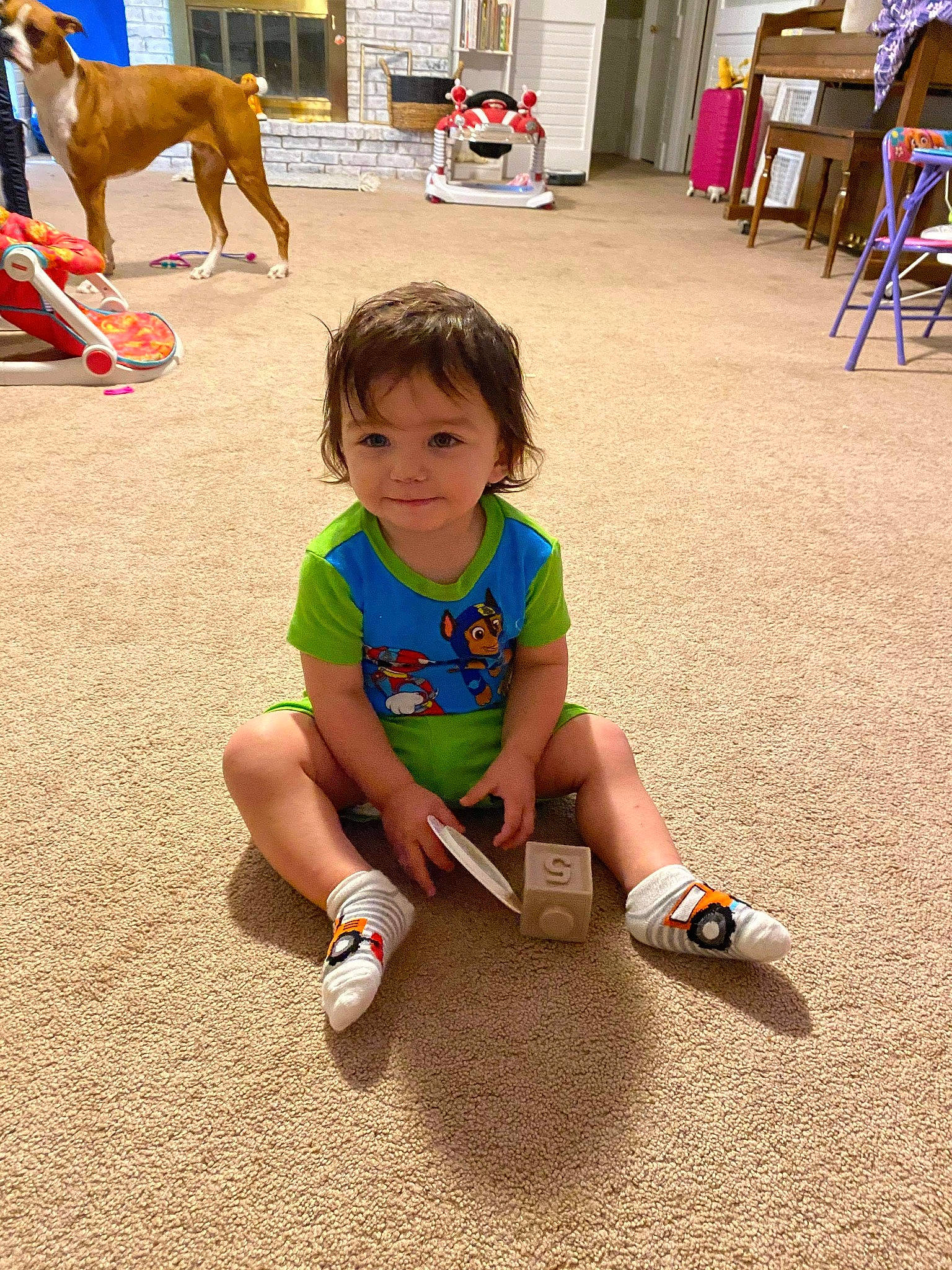 Hunter is registered to the contest to win money with this photo: baby, canidae, child, fawn, floor, flooring, fun, games, leg, leisure, person, play, recreation, shoe, summer, toddler, vacation