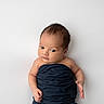 baby, infant, newborn, wrapped, blue_cloth, lying_down, white_background, curious, face, skin, head, eyes, hand, arm, portrait, cute, child, alone, indoors, soft_light