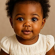 Dominique joined the competition — help win amazing prizes! baby, child, infant, face, eyes, smile, curly_hair, earrings, cream_dress, portrait, closeup, cute, innocence, skin, human, adorable, young, person, expression, studio