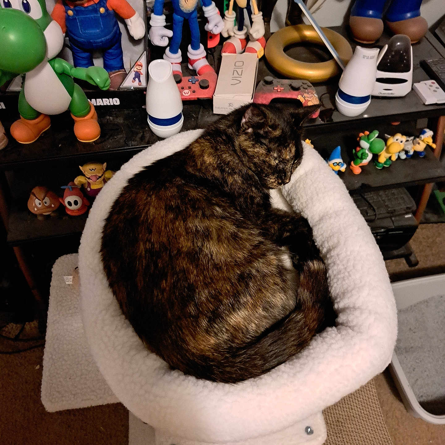 Tigerlilly joined the competition — help win amazing prizes! cat, tortoiseshell_cat, sleeping, curled_up, pet, animal, plush_bed, white_bed, video_game_characters, mario, sonic, yoshi, figurines, collectibles, shelf, gaming, indoors, cozy, nap, home_decor