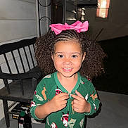 Annalyse joined the competition — help win amazing prizes! bench, bottle, chair, child, christmas_pajamas, concrete_floor, curly_hair, doorway, eyes, face, flash, front_porch, hands, house_number, night, pajamas, pink_bow, porch, smiling, teeth