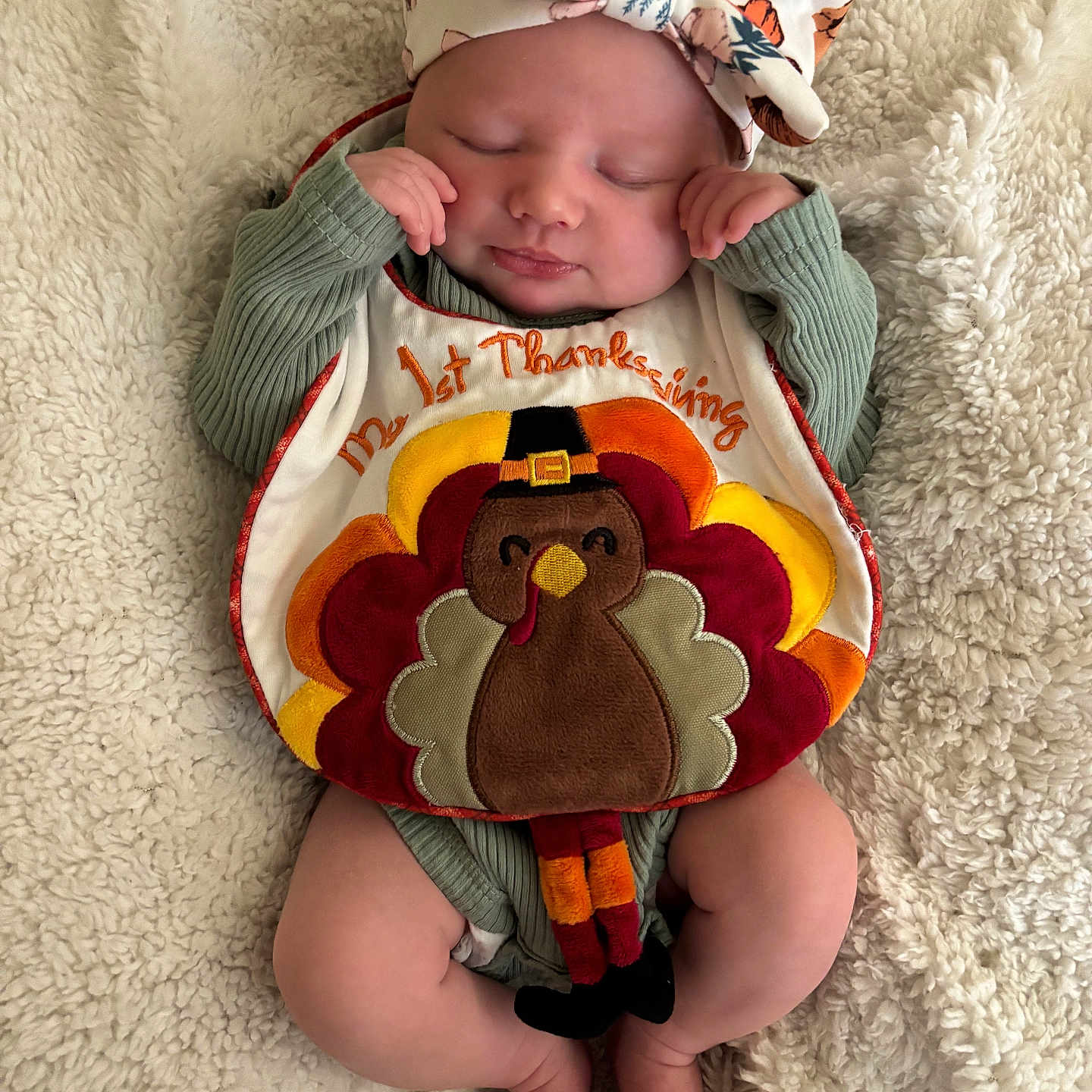 Macayla joined the competition — help win amazing prizes! baby, bib, blanket, clothing, cute, feet, festive, floral, headband, holiday, infant, legs, newborn, peaceful, person, resting, sleeping, soft, thanksgiving, turkey