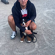 Aribo a rejoint le concours — aidez-le/la à gagner de superbes lots ! man, puppy, dog, leash, glasses, hoodie, shorts, sneakers, gravel, outdoor, fence, construction, smiling, pet, animal, young_adult, casual, daytime, grass, nature
