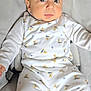 baby, infant, toddler, child, face, eyes, clothing, onesie, pattern, teddy_bear, seat, car_seat, cushion, white, soft, portrait, expression, cute, indoors, comfort