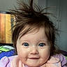 adorable, baby, bib, blanket, blue_eyes, child, chubby_cheeks, close_up, cuddly, cute, eyelashes, face, hair_spikes, indoors, infant, messy_hair, pink_bib, portrait, purple_clothing, smile