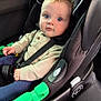 baby, child, car_seat, blue_eyes, sweater, navy_pants, car_interior, seatbelt, strapped_in, infant, cute, portrait, child_safety, car_window, modern, black, green, comfort, curious, young