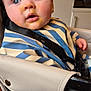 Arlo joined the competition — help win amazing prizes! baby, high_chair, food, messy, bib, blue_eyes, face, child, indoor, curious, clothing, seatbelt, kitchen, expression, person, young_child, hair, skin, mouth_open, table