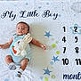 baby, baby_boy, baby_clothes, blue_romper, boy, bunny, carrot, cute, indoors, infant, lying_down, milestone_blanket, months, numbers, portrait, smiling, soft_blanket, stars, teddy_bear, white_socks